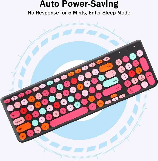 Alt view image 3 of 7 - Wireless Keyboard and Mouse Combo, Retro Typewriter Wireless Keyboard with Round Keycaps, 2.4GHz Full-Size USB Cute Wireless Keyboard Mouse for Computer, Desktop, Laptop and Computer (Black-Colorful)