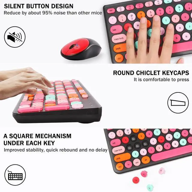 Alt view image 4 of 7 - Wireless Keyboard and Mouse Combo, Retro Typewriter Wireless Keyboard with Round Keycaps, 2.4GHz Full-Size USB Cute Wireless Keyboard Mouse for Computer, Desktop, Laptop and Computer (Black-Colorful)