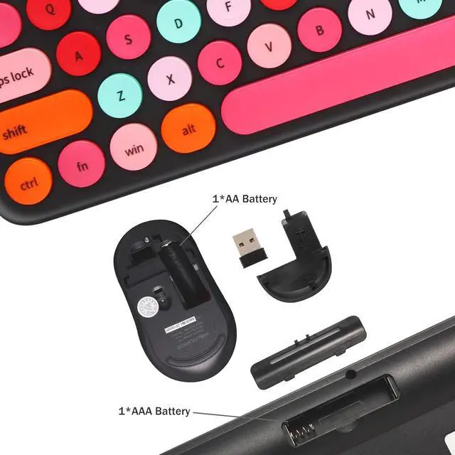Alt view image 6 of 7 - Wireless Keyboard and Mouse Combo, Retro Typewriter Wireless Keyboard with Round Keycaps, 2.4GHz Full-Size USB Cute Wireless Keyboard Mouse for Computer, Desktop, Laptop and Computer (Black-Colorful)