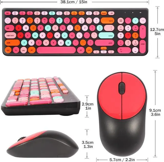 Alt view image 7 of 7 - Wireless Keyboard and Mouse Combo, Retro Typewriter Wireless Keyboard with Round Keycaps, 2.4GHz Full-Size USB Cute Wireless Keyboard Mouse for Computer, Desktop, Laptop and Computer (Black-Colorful)