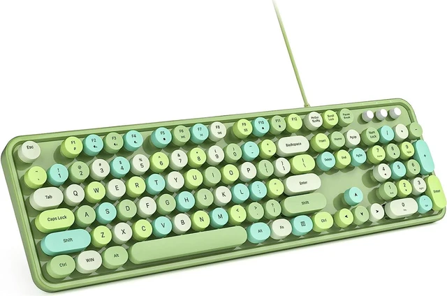 Main image of MOWUX Computer Keyboard Wired, Plug Play USB Retro Round Typewriter Keyboard, Full Size Wired Keyboard with Foldable Stands for Laptop and Office PC - Green Colorful