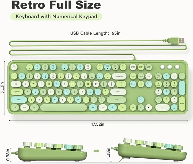 Alt view image 6 of 7 - MOWUX Computer Keyboard Wired, Plug Play USB Retro Round Typewriter Keyboard, Full Size Wired Keyboard with Foldable Stands for Laptop and Office PC - Green Colorful