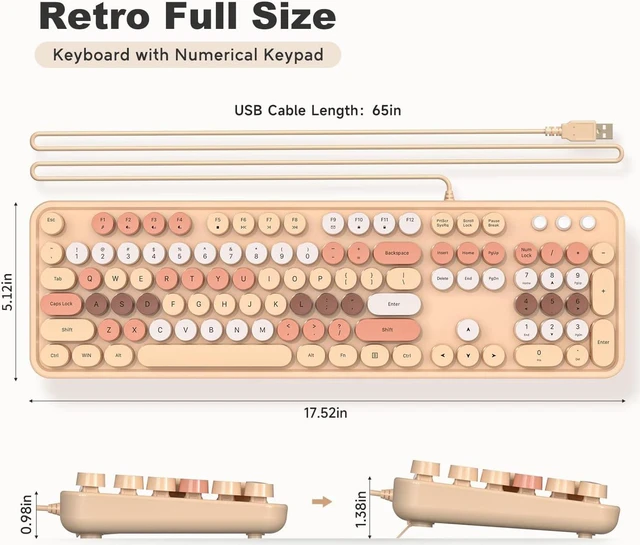 Alt view image 6 of 7 - MOWUX Computer Keyboard Wired, Plug Play USB Retro Round Typewriter Keyboard, Full Size Wired Keyboard with Foldable Stands for Laptop and Office PC- Milk Tea Colorful