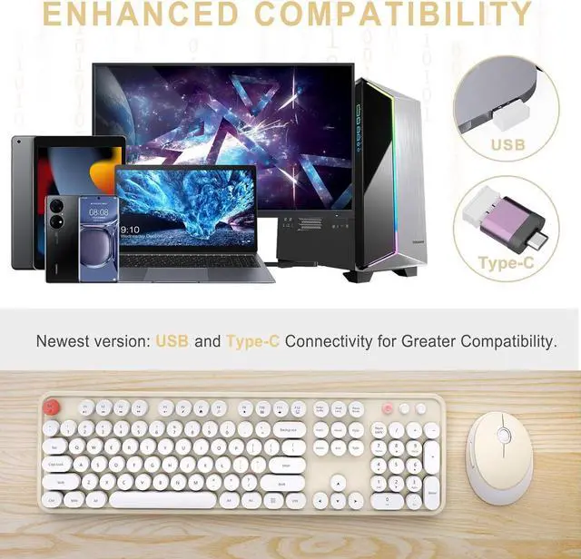 Alt view image 2 of 7 - Wireless Keyboard and Mouse Combo, Ergonomic Full Size Typewriter Retro Round Keycaps Keyboard, Compatible with Windows, PC, Perfer for Home and Office Keyboards (Beige