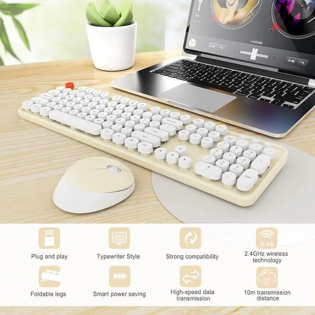 Alt view image 3 of 7 - Wireless Keyboard and Mouse Combo, Ergonomic Full Size Typewriter Retro Round Keycaps Keyboard, Compatible with Windows, PC, Perfer for Home and Office Keyboards (Beige