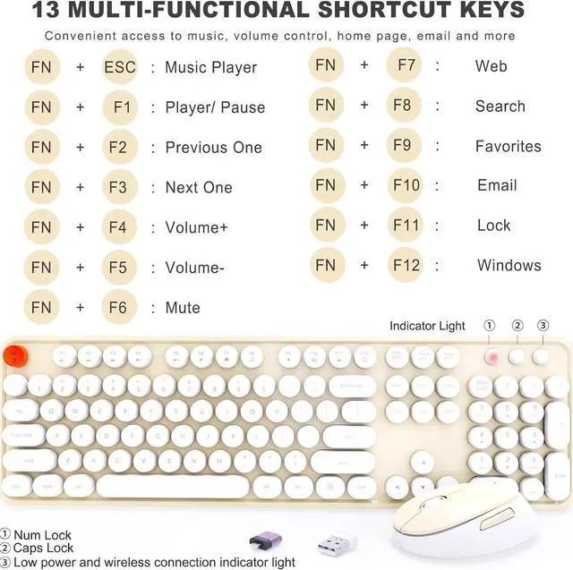 Alt view image 4 of 7 - Wireless Keyboard and Mouse Combo, Ergonomic Full Size Typewriter Retro Round Keycaps Keyboard, Compatible with Windows, PC, Perfer for Home and Office Keyboards (Beige