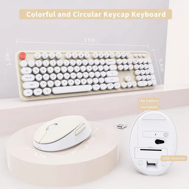 Alt view image 5 of 7 - Wireless Keyboard and Mouse Combo, Ergonomic Full Size Typewriter Retro Round Keycaps Keyboard, Compatible with Windows, PC, Perfer for Home and Office Keyboards (Beige