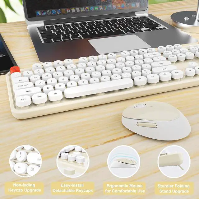Alt view image 6 of 7 - Wireless Keyboard and Mouse Combo, Ergonomic Full Size Typewriter Retro Round Keycaps Keyboard, Compatible with Windows, PC, Perfer for Home and Office Keyboards (Beige