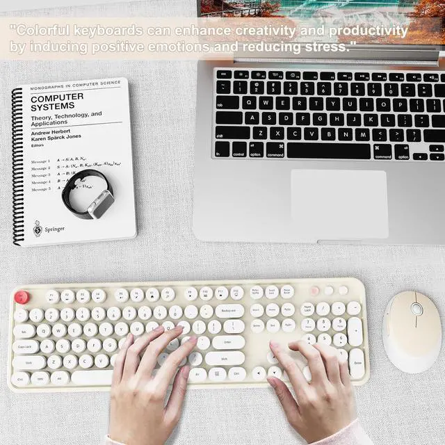Alt view image 7 of 7 - Wireless Keyboard and Mouse Combo, Ergonomic Full Size Typewriter Retro Round Keycaps Keyboard, Compatible with Windows, PC, Perfer for Home and Office Keyboards (Beige