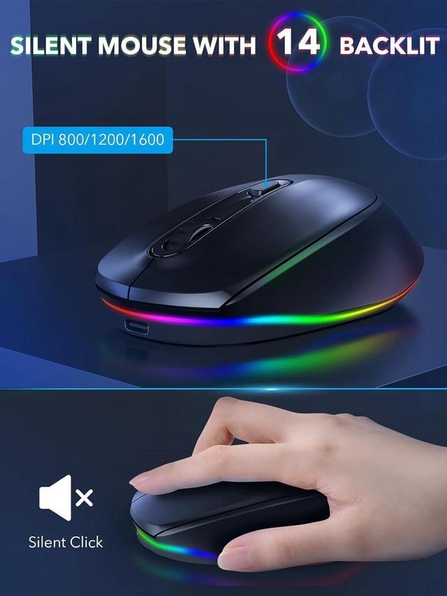 Alt view image 6 of 7 - Wireless Keyboard and Mouse Backlit, Quiet Light Up Keys, Tilt Legs, Sleep Mode - Rechargeable USB Cordless Combo for Computer, iMac, PC, Laptop - by SABLUTE, Black