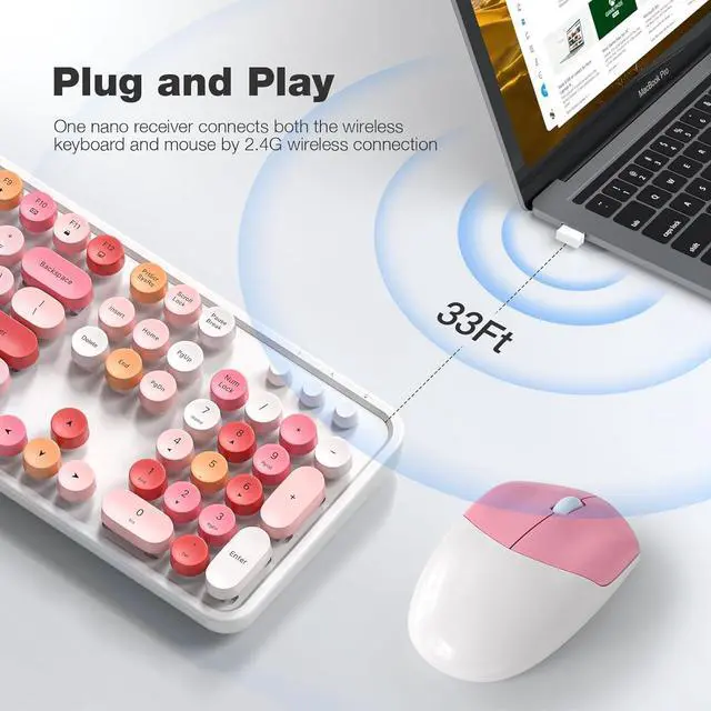 Alt view image 2 of 7 - Wireless Keyboard and Mouse Combo - GEEZER White Pink Full-Sized Colorful Keyboard 104 Keys - USB 2.4 G Receiver Plug and Play with Round Keycap Typewriter Keyboards, for Windows, PC, Laptop, Desktop