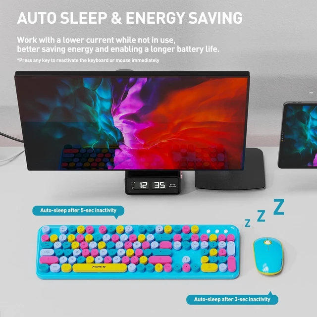 Alt view image 3 of 7 - Colorful Wireless Keyboard & Mouse Combo Cute Round Keys for PC & Laptop (Blue)
