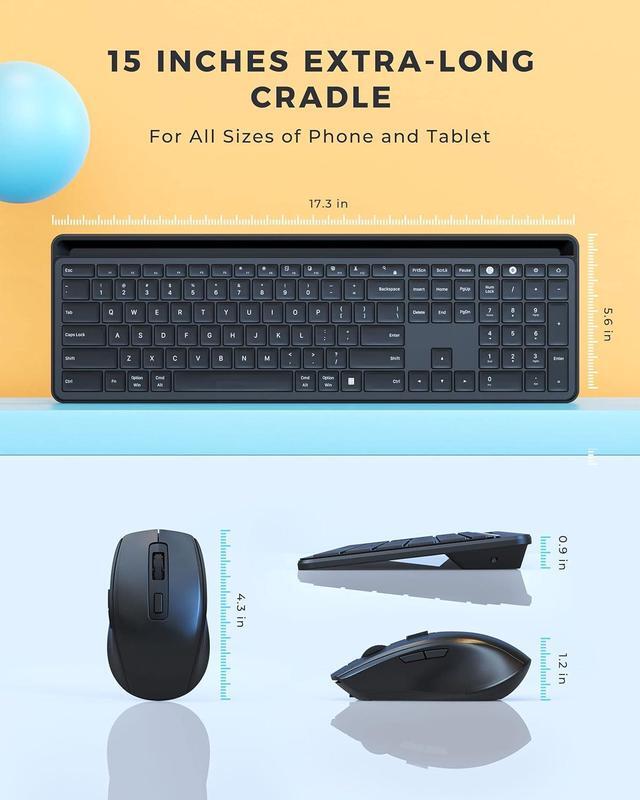 Alt view image 3 of 7 - PEIOUS Bluetooth Keyboard and Mouse Compatible for Mac and Windows, Rechargeable Multi Device Keyboard Mouse with Phone Holder, Full Size Quiet Wireless Keyboard for Mac, MacBook, Windows, Black