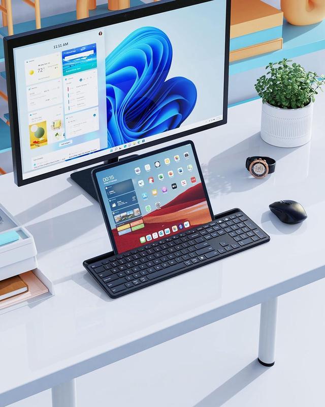 Alt view image 7 of 7 - PEIOUS Bluetooth Keyboard and Mouse Compatible for Mac and Windows, Rechargeable Multi Device Keyboard Mouse with Phone Holder, Full Size Quiet Wireless Keyboard for Mac, MacBook, Windows, Black