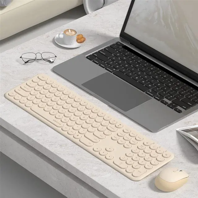 Alt view image 3 of 7 - UBOTIE Wireless Keyboards and Mouse, Quiet Scissor Switches Slim Keyboards Mice Set, Silent Full Size 111 Round Keycaps with Adjustable DPI Mouse, Power On/Off Button for PC Laptop (Light Khaki)