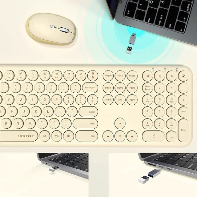 Alt view image 5 of 7 - UBOTIE Wireless Keyboards and Mouse, Quiet Scissor Switches Slim Keyboards Mice Set, Silent Full Size 111 Round Keycaps with Adjustable DPI Mouse, Power On/Off Button for PC Laptop (Light Khaki)