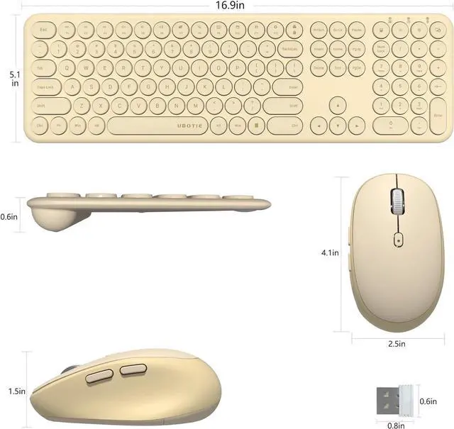Alt view image 7 of 7 - UBOTIE Wireless Keyboards and Mouse, Quiet Scissor Switches Slim Keyboards Mice Set, Silent Full Size 111 Round Keycaps with Adjustable DPI Mouse, Power On/Off Button for PC Laptop (Light Khaki)
