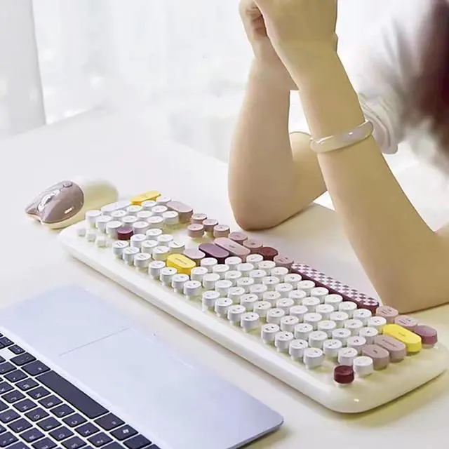 Alt view image 4 of 7 - 2.4G Full-Size Wireless Keyboard and Mouse Combo, Multi-Color Typewriter Style Round Keycap, Cute Candy Colors, Compatible with Notebook, PC (Milk Tea)