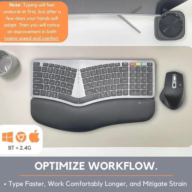 Alt view image 3 of 6 - X9 Wireless Ergonomic Keyboard Mouse Combo - 2.4G+BT Optimized for Comfort - Bluetooth Ergonomic Split Keyboard with Wrist Rest and 6 Button Ergo Mouse - Rechargeable Mouse Keyboard - X9RBERGO2SGCB