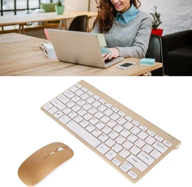 Alt view image 6 of 7 - Keyboard Mouse Combo, 2.4 Ghz Cordless Silent Key Mouse Set, Ultra Thin Full Sized Ergonomic Keyboards with LED Indicator, Auto Sleep for (Gold)