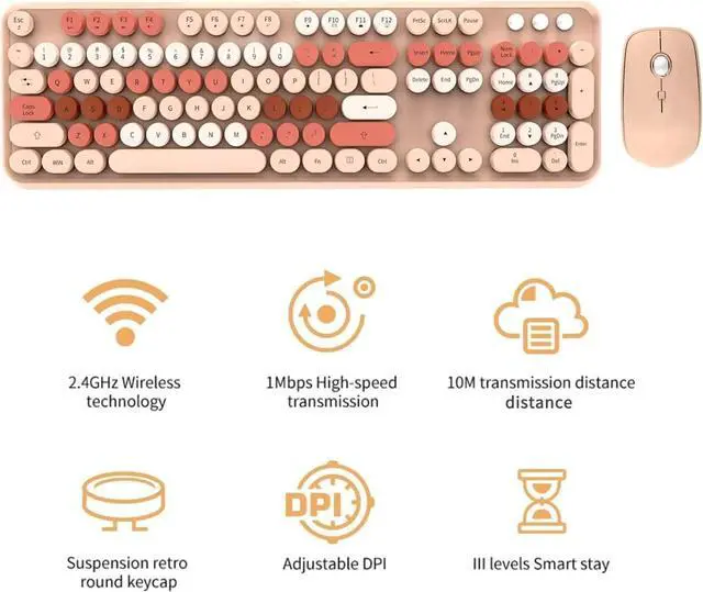 Alt view image 4 of 7 - Brown Wireless Keyboard Mouse Combo, 2.4GHz Wireless Typewriter Keyboard with 104 Round Keys,Letton Wireless Retro Full Size Colorful Keyboard and Cute Mouse with 3 DPI for PC Laptop Desktop