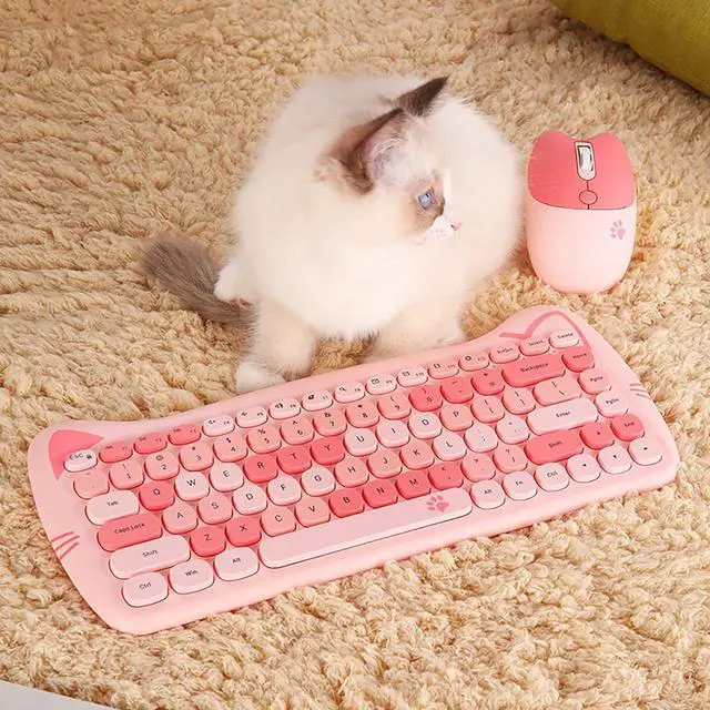 Alt view image 3 of 7 - Cute Cat Keyboard and Mouse Combo Wireless, Kawaii Keyboard and Mouse for Girls and Kids, Soundless Colorful Keys, Compatible with Notebook, PC (Pink-84Keys)