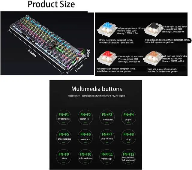 Alt view image 7 of 7 - LED Wired Mechanical Gaming Keyboard, Metal Base, 104 Standard Keys,Electroplated Keycap Computer Keyboard for Windows/PC/MAC/Desktop Gamer (Color : Black -Green Shaft)