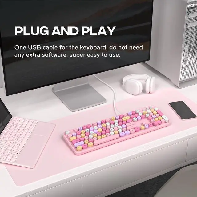 Alt view image 3 of 7 - Dilter Wired Keyboard, 104 Keys Full-Sized Typewriter Keyboards, USB Plug and Play Office Keyboard with Number Pad, Caps Indicators, Foldable Stands for Windows, PC, Laptop (Pink Colorful)