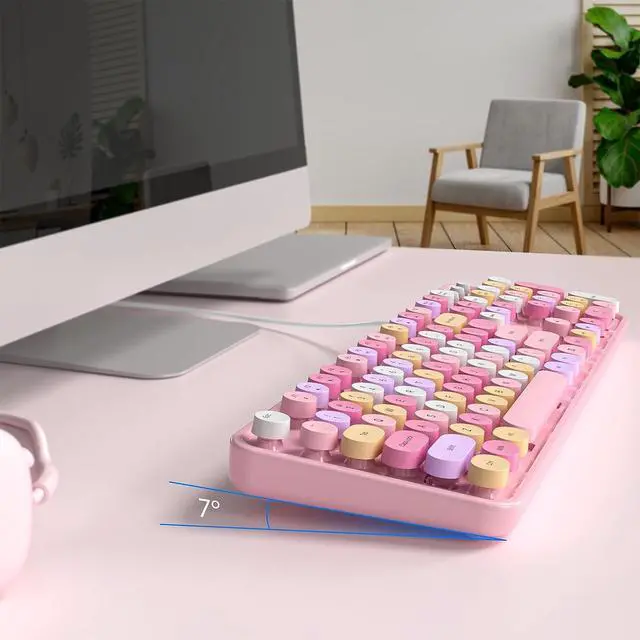 Alt view image 5 of 7 - Dilter Wired Keyboard, 104 Keys Full-Sized Typewriter Keyboards, USB Plug and Play Office Keyboard with Number Pad, Caps Indicators, Foldable Stands for Windows, PC, Laptop (Pink Colorful)