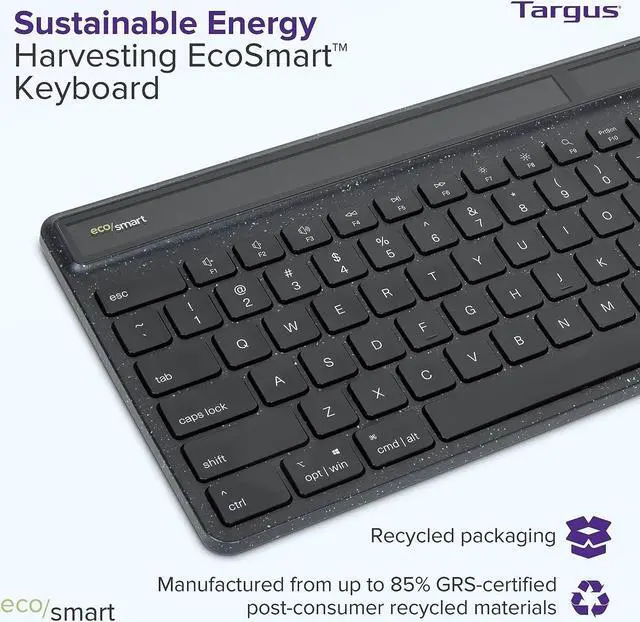 Alt view image 5 of 7 - Targus Full-Size Sustainable EcoSmart Bluetooth Keyboard, Black - Compatible with Chrome OS, Windows, macOS, iOS, and Android (AKB868US)