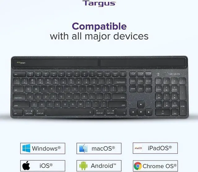 Alt view image 4 of 7 - Targus Full-Size Sustainable EcoSmart Bluetooth Keyboard, Black - Compatible with Chrome OS, Windows, macOS, iOS, and Android (AKB868US)