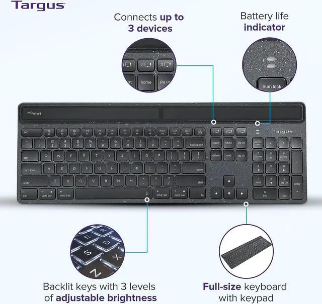Alt view image 3 of 7 - Targus Full-Size Sustainable EcoSmart Bluetooth Keyboard, Black - Compatible with Chrome OS, Windows, macOS, iOS, and Android (AKB868US)