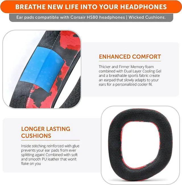 Alt view image 4 of 7 - WC FreeZe HS80 - Cooling Gel Replacement Earpads for Corsair HS80 RGB Wireless & Wired by Wicked Cushions - Elevate Comfort, Durability, Thickness & Sound Isolation for Epic Gaming Sessions | Red Camo