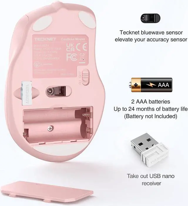 Alt view image 4 of 5 - TECKNET Wireless Mouse, 2.4GHz Ergonomic Computer Mouse, Portable Cordless Mice, Mouse for Laptop, 6 Buttons USB Mouse for Chromebook, Ergo Grip, 24 Months Battery - Pink