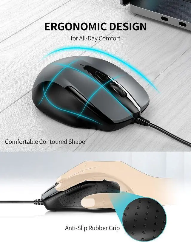 Alt view image 4 of 7 - TECKNET USB Wired Mouse, 6-Button Corded Mouse with 4 Adjustable DPI, Optical Computer Mouse with Ergonomic Design and 5FT Cord for Laptop, Chromebook, PC, Desktop, Mac, Notebook-Gray