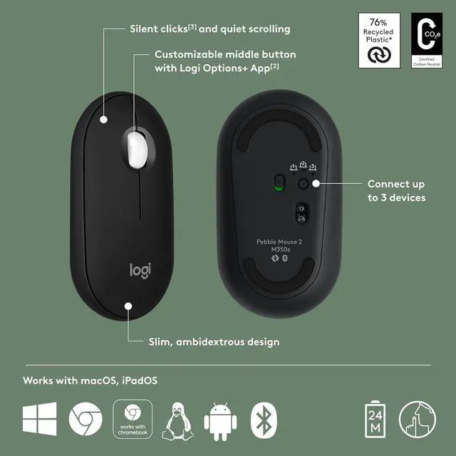 Alt view image 6 of 7 - Logi tech Pebble Mouse 2 M350s Slim Bluetooth Wireless Mouse, Portable, Lightweight, Customizable Button, Quiet Clicks, Easy-Switch for Windows, macOS, iPadOS, Android, Chrome OS - Black