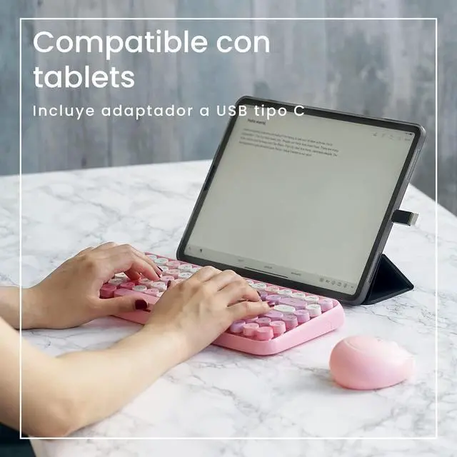Alt view image 6 of 7 - Perixx PERIDUO-713 ES Set de ratón y Mini Teclado inalámbrico 2.4 GHz - Teclas Retro Redondas - Rosado Pastel - Español QWERTY