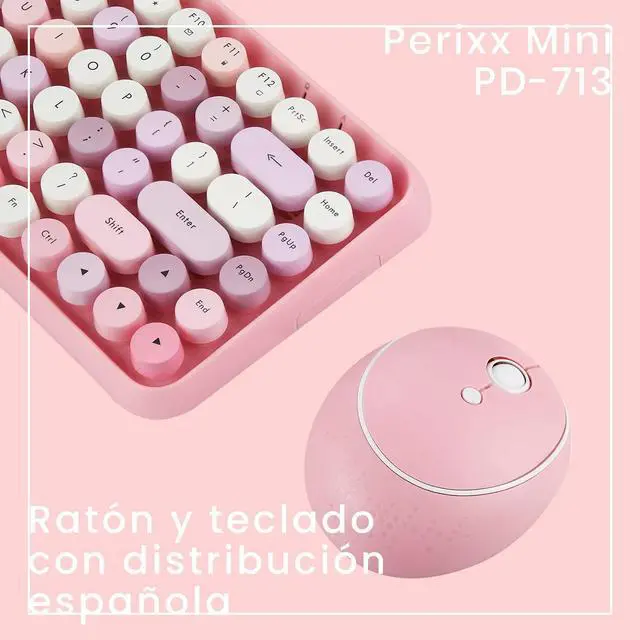 Alt view image 2 of 7 - Perixx PERIDUO-713 ES Set de ratón y Mini Teclado inalámbrico 2.4 GHz - Teclas Retro Redondas - Rosado Pastel - Español QWERTY