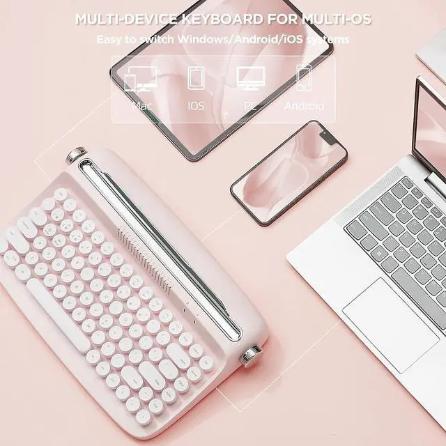 Alt view image 5 of 7 - YUNZII ACTTO B303 Wireless Keyboard, Retro Bluetooth Typewriter Keyboard with Integrated Stand for Multi-Device (English, Baby Pink)