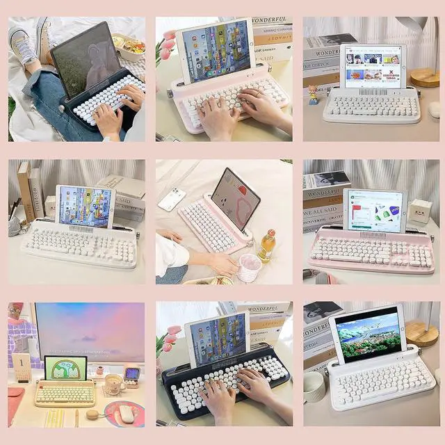 Alt view image 7 of 7 - YUNZII ACTTO B305 Wireless Keyboard, Retro Bluetooth Typewriter Keyboard with Integrated Stand for Multi-Device (Baby Pink, B305)