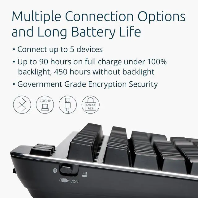Alt view image 4 of 7 - Kensington MK7500F Silent Mechanical Keyboard  Full Size, Wireless, Backlit, Rechargeable Battery, Customizable Keys, Spill-Proof, Includes Wrist Rest, Windows & macOS