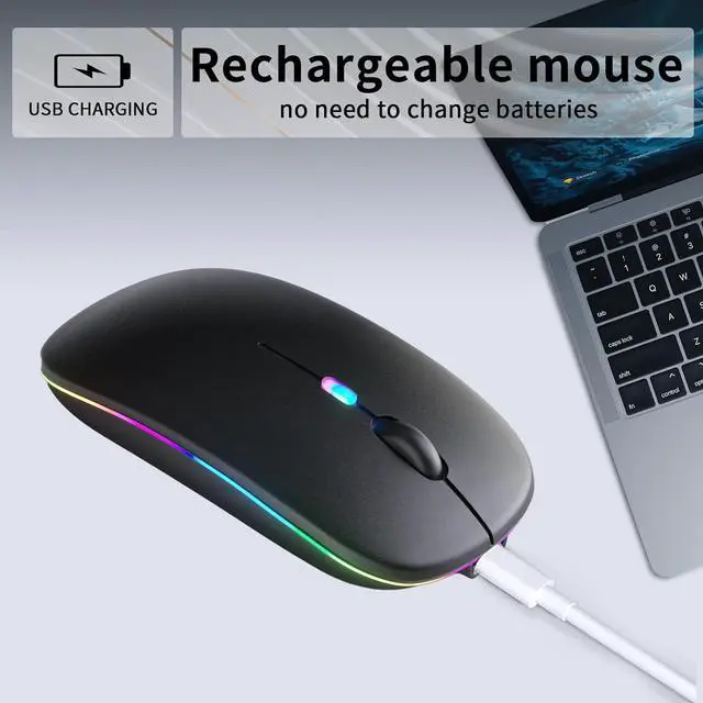 Alt view image 3 of 7 - Wireless Bluetooth Mouse C Rechargeable Silent Dual Mode (Bluetooth 5.2 & USB) with LED Lights C Portable for Laptop Desktop & Tablet(Black)