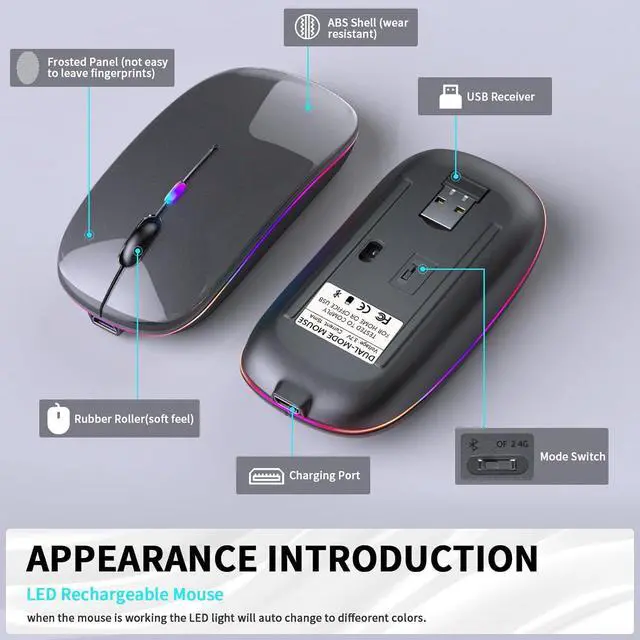 Alt view image 7 of 8 - Wireless Bluetooth Mouse, Rechargeable LED Dual Mode Mouse (Bluetooth 5.2 and USB Receiver) Portable Silent Mouse,for Laptop/Desktop/Tablet(Black)