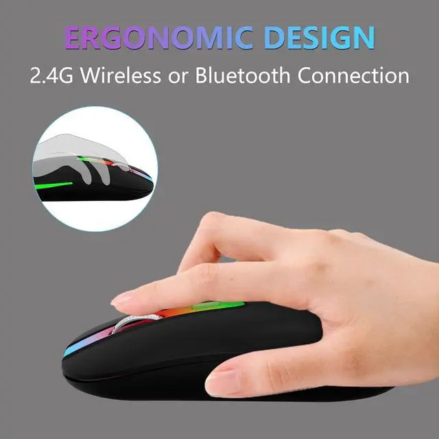Alt view image 7 of 7 - Wireless Mouse Rechargeable LED Wireless Bluetooth Mouse Portable USB Optical 2.4G Wireless Bluetooth Two Mode Computer Mice with USB & Type-c Receiver Black