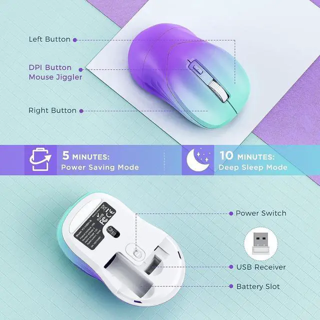 Alt view image 5 of 7 - Wireless Mouse Mouse Jiggler for Laptop - USB Laptop Mouse with Undetectable Random Movement Jiggler Mode for Computers - Purple