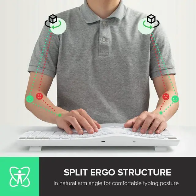 Alt view image 2 of 7 - DeLUX Upgraded Ergonomic Wireless Ergo Split Keyboard with Backlit, 2.4G and Bluetooth, Scissor Switch and Palm Rest for Natural Typing, Compatible with Windows and Mac OS (GM902Pro-White)