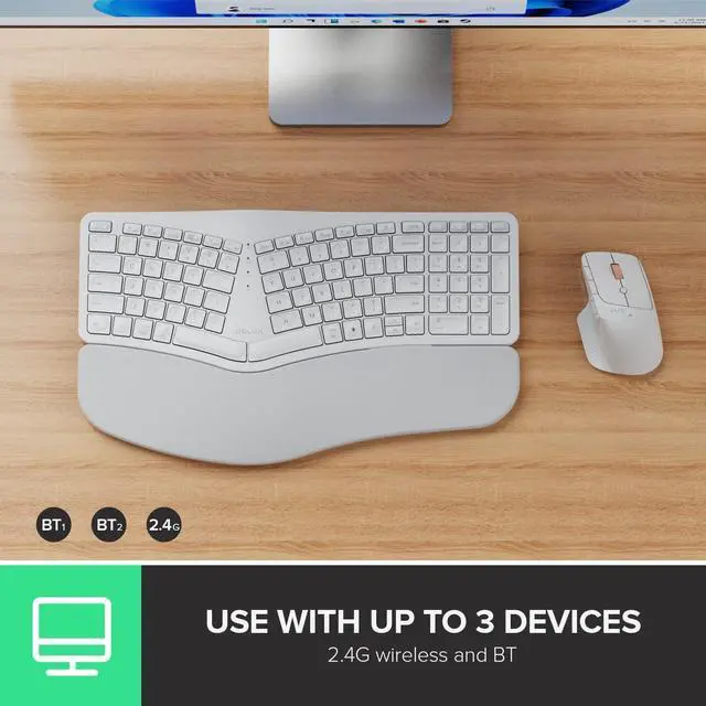 Alt view image 4 of 7 - DeLUX Upgraded Ergonomic Wireless Ergo Split Keyboard with Backlit, 2.4G and Bluetooth, Scissor Switch and Palm Rest for Natural Typing, Compatible with Windows and Mac OS (GM902Pro-White)