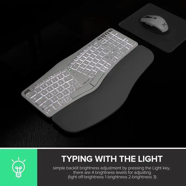 Alt view image 6 of 7 - DeLUX Upgraded Ergonomic Wireless Ergo Split Keyboard with Backlit, 2.4G and Bluetooth, Scissor Switch and Palm Rest for Natural Typing, Compatible with Windows and Mac OS (GM902Pro-White)
