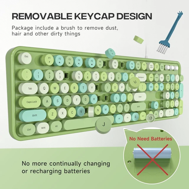 Alt view image 2 of 7 - Dilter Wired Keyboard, 104 Keys Full-Sized Typewriter Keyboards, USB Plug Play Office Keyboard with Number Pad, Caps Indicators, Foldable Stands for Windows, PC, Laptop, Desktop (Green Colorful)