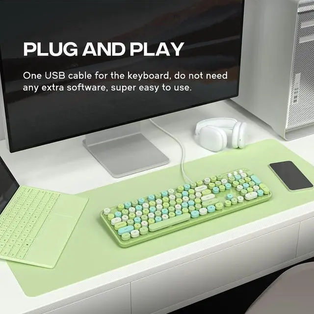 Alt view image 2 of 7 - Atelus Computer Keyboard Wired, Typewriter Style, Plug Play USB Keyboard with Large Number Pad, Caps Indicators, Foldable Stands, Full Size Wired Keyboard for Windows PC Laptop (Green Colorful)